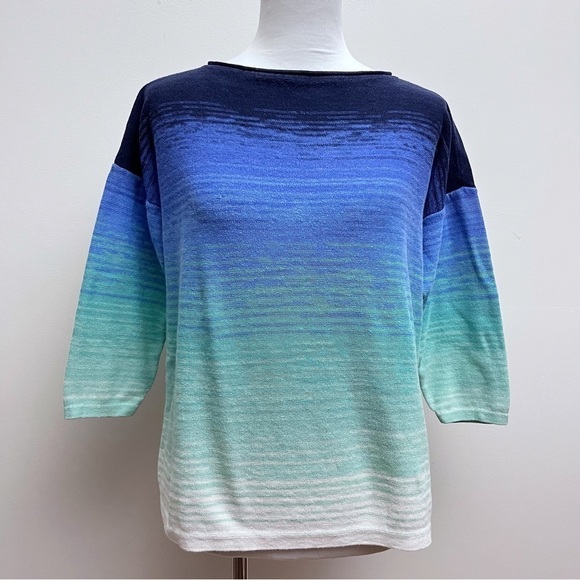 Chaps Blue Ombre Linen Blend 3/4 Sleeve Boat Neck Sweater Women’s Large - Picture 1 of 7